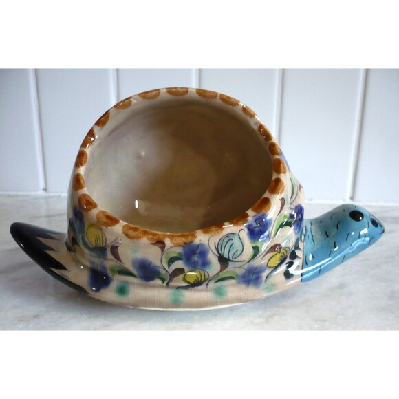 Vtg Tonala Mexico Snail Pottery Hand Painted Signed Planter Sponge Keeper Blue - Picture 5 of 16